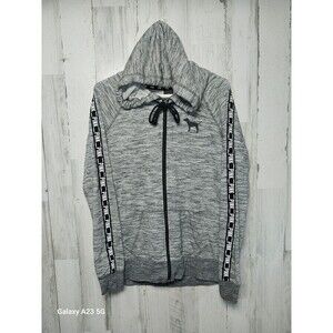 Victoria's Secret PINK Womens Sleeve  Spellout Logo Full Zip Gray Hoodie Size S